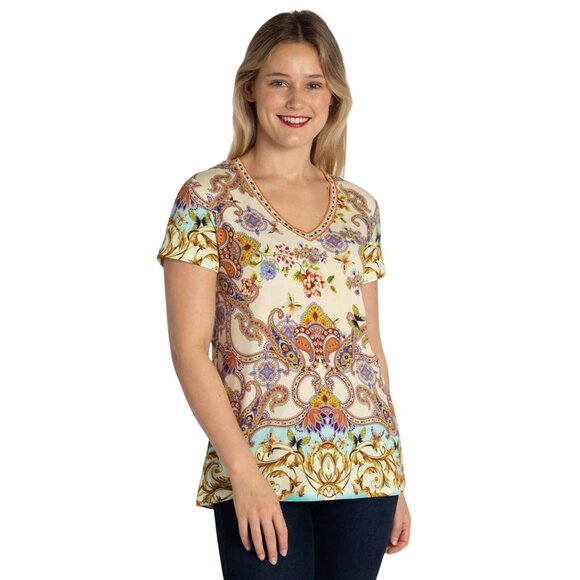 Johnny Was Janie Favorite Scroll Tee Short Sleeve V Neck Shirt White Gold Top NW - Picture 2 of 10